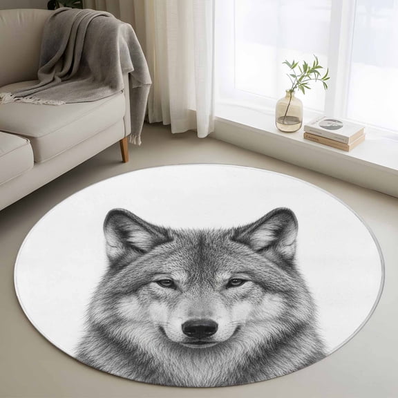 Washable Round Area Rug 4ft Gray Timber Wolf Sketch Non-Slip Soft Living Room Rug , Minimalist Wildlife Pattern Non-Shedding Bedroom Carpet for Home Dining Room