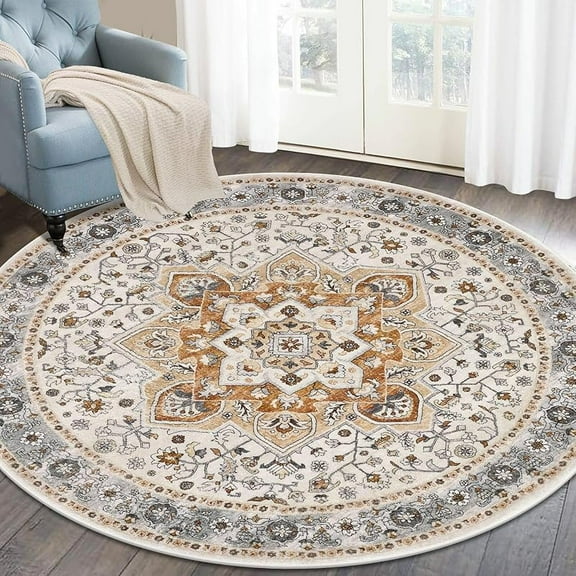 Washable Round Area Rug 4ft Non Slip Vintage Circle Rugs for Bedroom Soft Non Shedding Boho Round Bedside Carpet for Living Room Dining Room Bathroom College Dorm