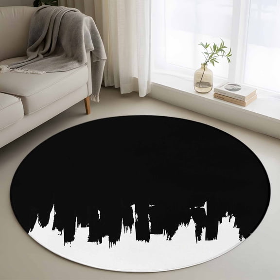 Washable Round Area Rug Abstract Black Graffiti Texture Circle Rugs Floor Carpet for Living Room Bedroom, Modern Minimalist Art Soft Non Slip Round Rug 4ft
