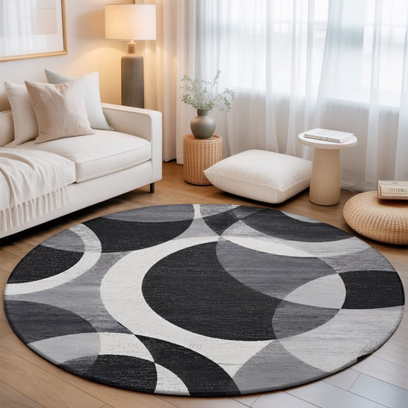 Washable Round Area Rug Abstract Black Gray Circle Circle Rugs Floor Carpet for Living Room Bedroom, Abstract Geometric Art Soft Non Slip Round Rug 3ft