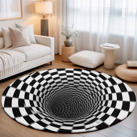 Washable Round Area Rug Abstract Black White Checkerboard Swirl Circle Rugs Floor Carpet for Living Room Bedroom, Vortex Illusion Minimalist Art Soft Non Slip Round Rug 3ft