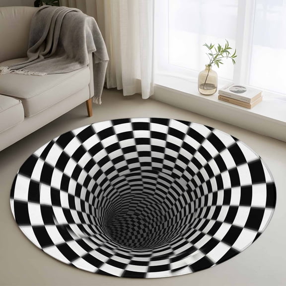 Washable Round Area Rug Abstract Black White Checkerboard Swirl Circle Rugs Floor Carpet for Living Room Bedroom, Vortex Illusion Minimalist Art Soft Non Slip Round Rug 4ft