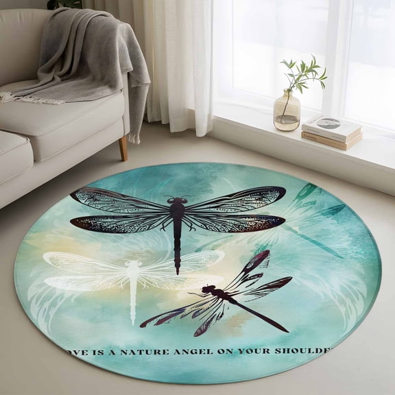 Washable Round Area Rug Abstract Dragonfly Pastoral Circle Rugs Floor Carpet for Living Room Bedroom, Gradient Turquoise Soft Non Slip Round Rug 3ft