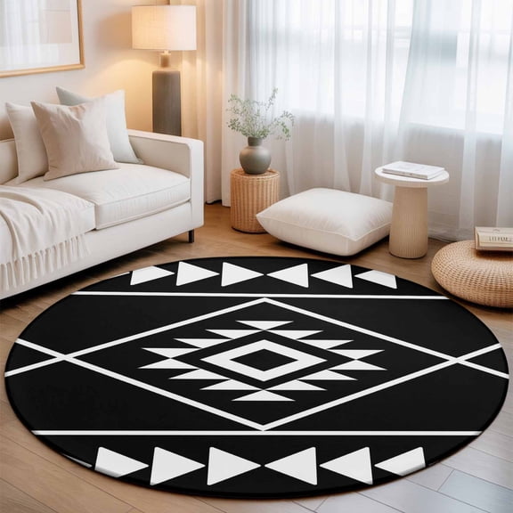 Washable Round Area Rug Abstract Ethnic Geometric Art Circle Rugs Floor Carpet for Living Room Bedroom, Black White Tribal Triangle Soft Non Slip Round Rug 3ft