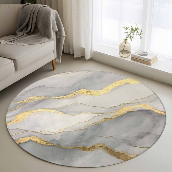 Washable Round Area Rug Abstract Gold Lines Marble Texture Circle Rugs Floor Carpet for Living Room Bedroom, Grey Stone Art Soft Non Slip Round Rug 3ft