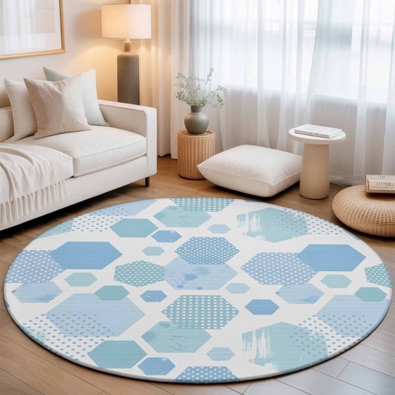 Washable Round Area Rug Abstract Gradient Blue White Color Block Circle Rugs Floor Carpet for Living Room Bedroom, Polka Dots Soft Non Slip Round Rug 3ft
