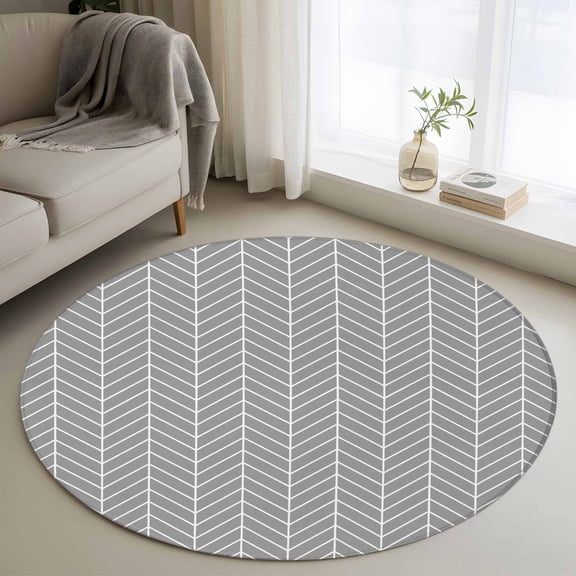 Washable Round Area Rug Abstract Gray White Herringbone Texture Circle Rugs Floor Carpet for Living Room Bedroom, Chevron Pattern Soft Non Slip Round Rug 3ft