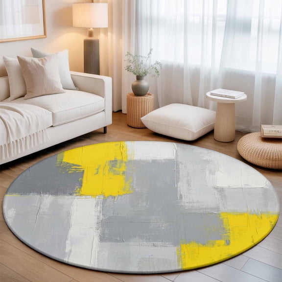 Washable Round Area Rug Abstract Gray Yellow Circle Rugs Floor Carpet for Living Room Bedroom, Modern Minimalist Theme Soft Non Slip Round Rug 3ft