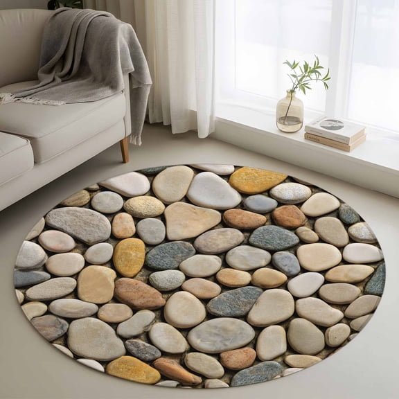 Washable Round Area Rug Abstract Gray Yellow Cobblestone Circle Rugs Floor Carpet for Living Room Bedroom, Modern Grey Pebble Stone Soft Non Slip Round Rug 3ft