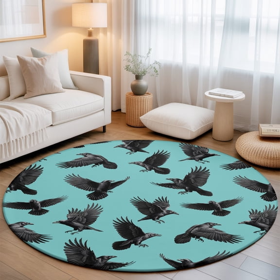 Washable Round Area Rug Abstract Halloween Crow Circle Rugs Floor Carpet for Living Room Bedroom, Retro Animal on Green Soft Non Slip Round Rug 3ft