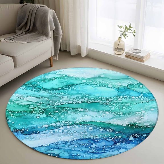 Washable Round Area Rug Abstract Marble Ombre Blue Ocean Wave Circle Rugs Floor Carpet for Living Room Bedroom, Nautical Coastal Sea Soft Non Slip Round Rug 3ft
