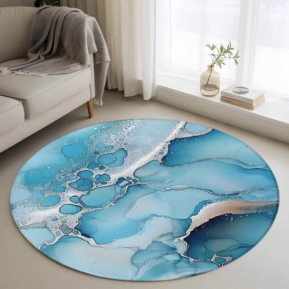 Washable Round Area Rug Abstract Marble Texture Seamless Circle Rugs Floor Carpet for Living Room Bedroom, Gradient Blue Waves Soft Non Slip Round Rug 4ft