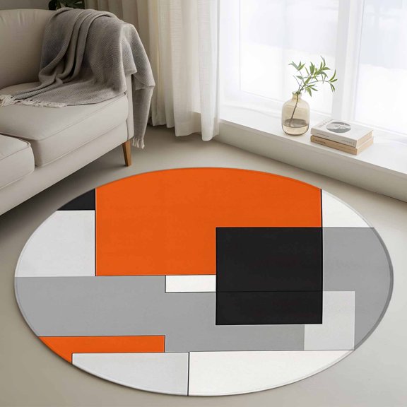 Washable Round Area Rug Abstract Minimalist Patchwork Art Circle Rugs Floor Carpet for Living Room Bedroom, Orange Black Gray Block Soft Non Slip Round Rug 3ft