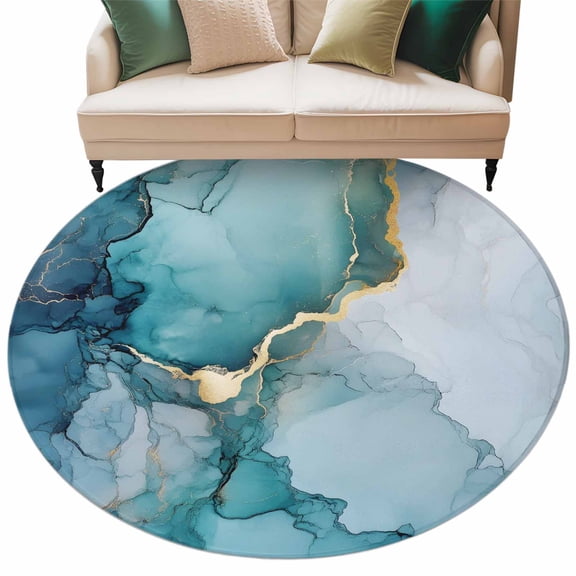Washable Round Area Rug Abstract Natural Teal Marble Rock Circle Rugs Floor Carpet for Living Room Bedroom, Watercolor Gradient Stone Soft Non Slip Round Rug 5ft