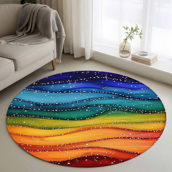 Washable Round Area Rug Abstract Rainbow Waves Marble Circle Rugs Floor Carpet for Living Room Bedroom, Modern Watercolor Beach Soft Non Slip Round Rug 3ft