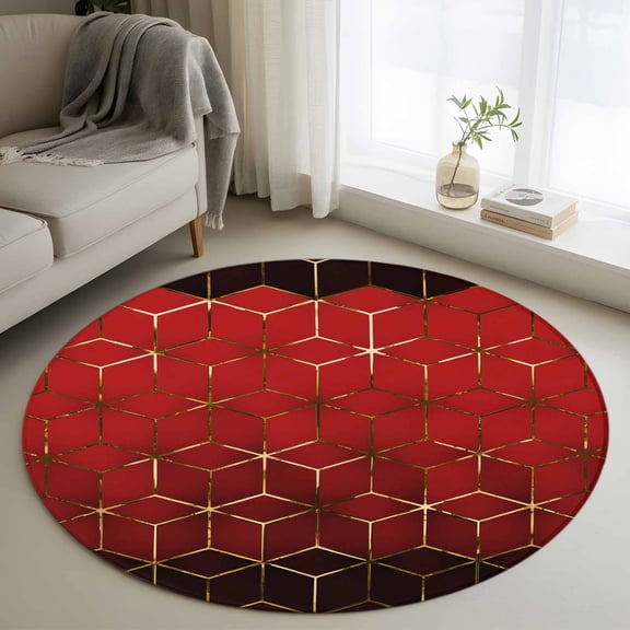Washable Round Area Rug Abstract Red Gradient Geometric Circle Rugs Floor Carpet for Living Room Bedroom, Modern Stereo Aesthetics Soft Non Slip Round Rug 3ft
