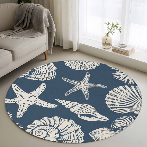 Washable Round Area Rug Abstract Starfish Conch Shell Circle Rugs Floor Carpet for Living Room Bedroom, Farmhouse Dark Blue Soft Non Slip Round Rug 3ft