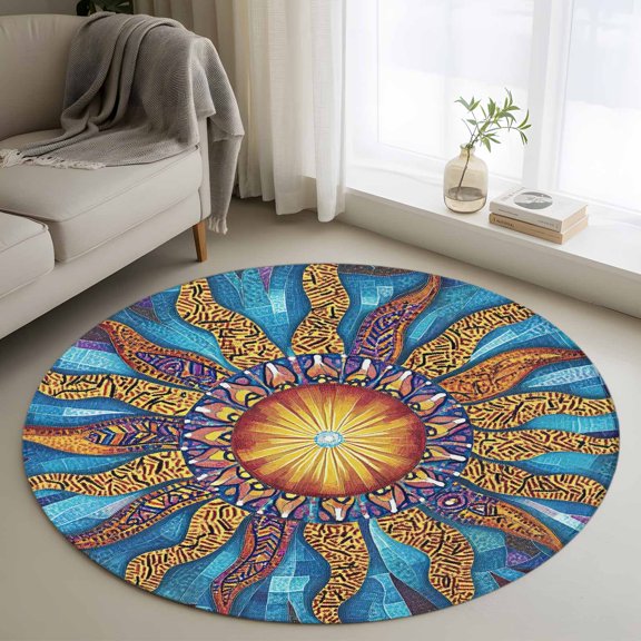 Washable Round Area Rug Abstract Sun Pattern Circle Rugs Floor Carpet for Living Room Bedroom, Classic Bohemian Flame Soft Non Slip Round Rug 3ft