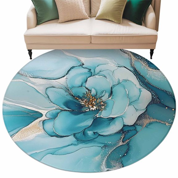 Washable Round Area Rug Abstract Teal Flower Marble Style Circle Rugs Floor Carpet for Living Room Bedroom, Modern Floral Pattern Soft Non Slip Round Rug 5ft