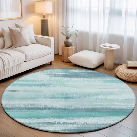 Washable Round Area Rug Abstract Teal White Ocean Waves Circle Rugs Floor Carpet for Living Room Bedroom, Modern Minimalist Art Soft Non Slip Round Rug 3ft