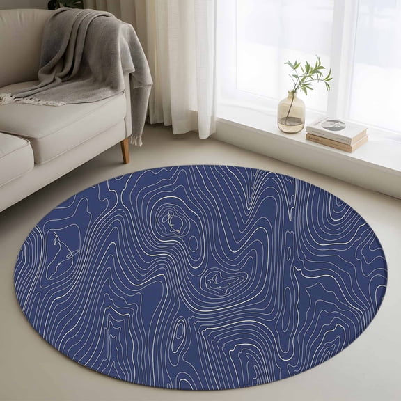 Washable Round Area Rug Abstract Topographic Lines Grid Circle Rugs Floor Carpet for Living Room Bedroom, Geometric Art on Dark Blue Soft Non Slip Round Rug 3ft