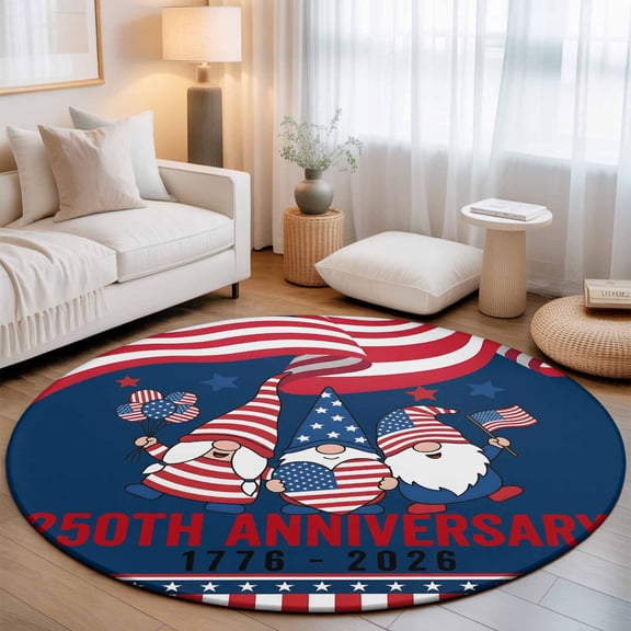Washable Round Area Rug American Patriotic Gnome Circle Rugs Floor Carpet for Living Room Bedroom, Anniversary USA Flag Soft Non Slip Round Rug 3ft