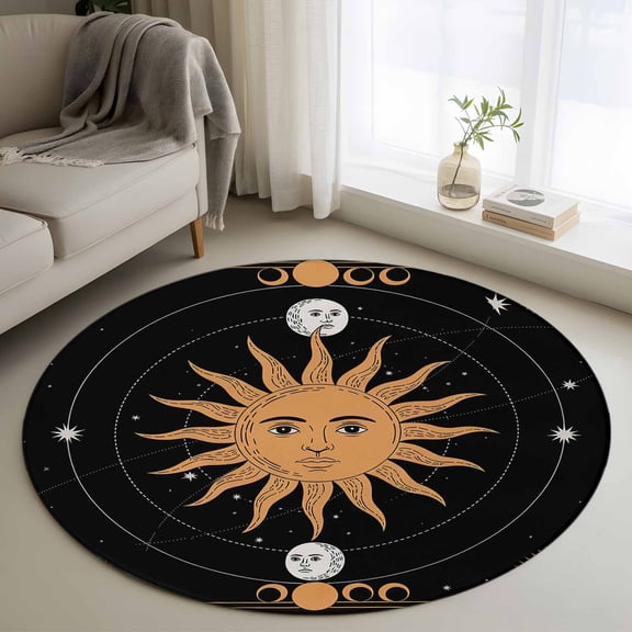 Washable Round Area Rug Astrology Tarot Bohemian Sun Circle Rugs Floor Carpet for Living Room Bedroom, Mysterious Universe Planet Soft Non Slip Round Rug 3ft