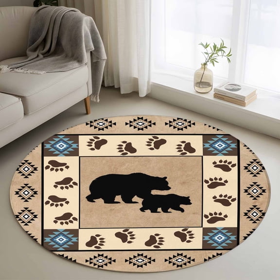 Washable Round Area Rug Autumn Black Bear Footprints Circle Rugs Floor Carpet for Living Room Bedroom, Geometric Boho Artwork Soft Non Slip Round Rug 3ft