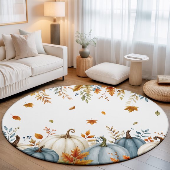 Washable Round Area Rug Autumn Country Pumpkins Circle Rugs Floor Carpet for Living Room Bedroom, Thanksgiving Maple Leaves Soft Non Slip Round Rug 3ft