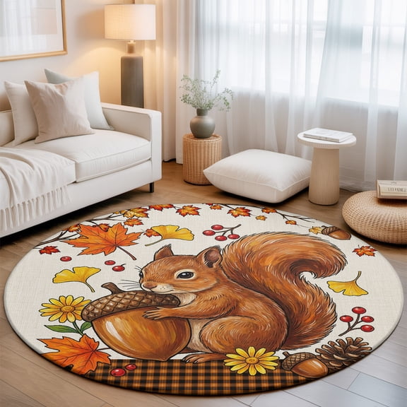 Washable Round Area Rug Autumn Harvest Squirrel Acorn Circle Rugs Floor Carpet for Living Room Bedroom, Fall Maple Leaves Soft Non Slip Round Rug 3ft