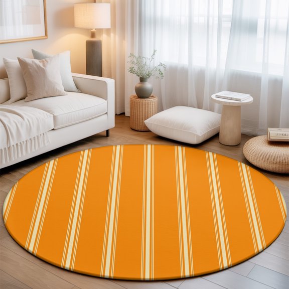 Washable Round Area Rug Autumn Orange Stripes Watercolor Circle Rugs Floor Carpet for Living Room Bedroom, Minimalistic Style Soft Non Slip Round Rug 3ft