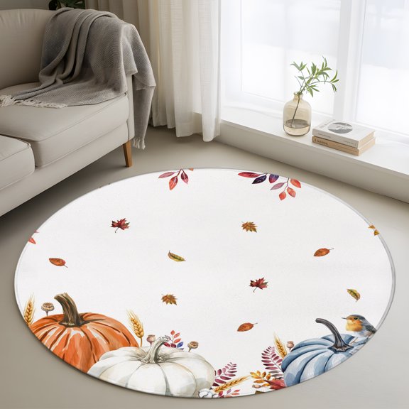 Washable Round Area Rug Autumn Pumpkin Leaf Bird Circle Rugs Floor Carpet for Living Room Bedroom, Fall Orange Blue Botanical Soft Non Slip Round Rug 4ft