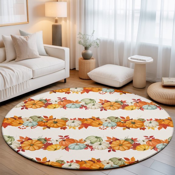 Washable Round Area Rug Autumn Thanksgiving Day Pumpkin Branch Circle Rugs Floor Carpet for Living Room Bedroom, Country Maple Leaf Soft Non Slip Round Rug 3ft