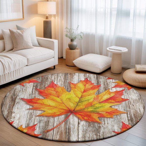 Washable Round Area Rug Autumn Thanksgiving Maple Leaves Circle Rugs Floor Carpet for Living Room Bedroom, Wood Background Soft Non Slip Round Rug 3ft