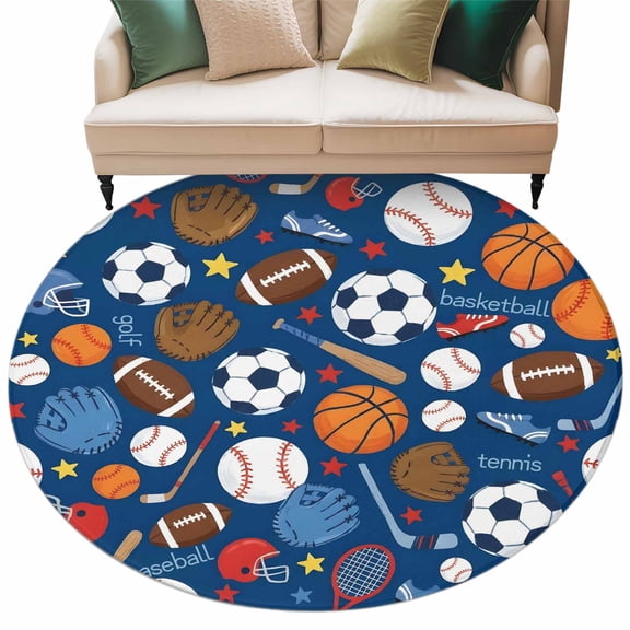 Washable Round Area Rug Basketball Baseball Football Circle Rugs Floor Carpet for Living Room Bedroom, Energetic Sports Theme on Blue Soft Non Slip Round Rug 5ft
