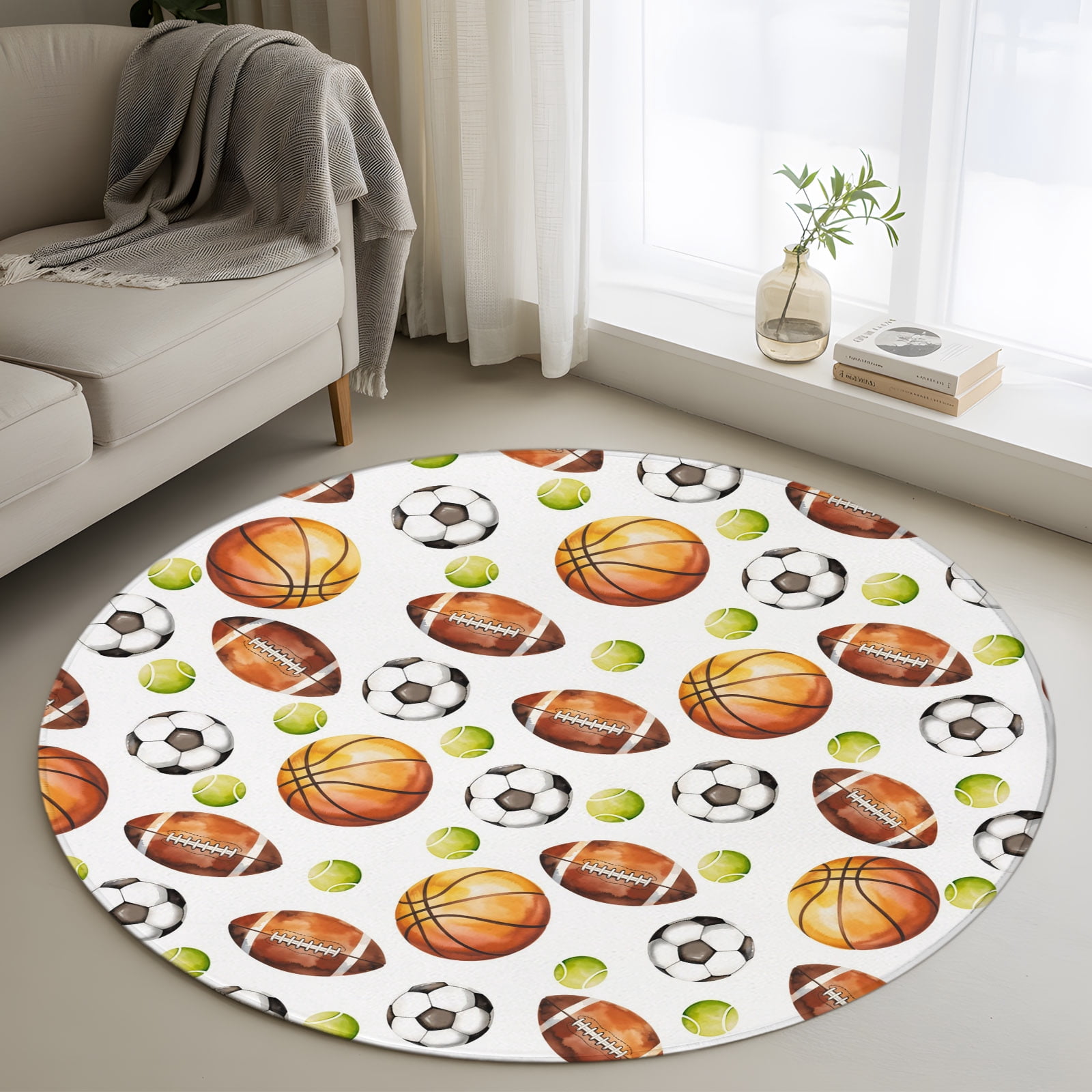 Ball Rug Washable Round Area Rug Basketball Soccer Tennis Rugby Circle Rugs ...