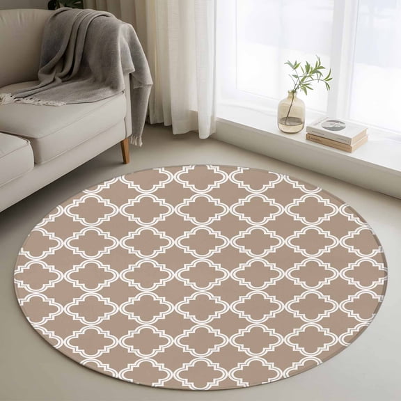 Washable Round Area Rug Beige Morrocan Plaid Geometric Art Check Circle Rugs Floor Carpet for Living Room Bedroom, Retro Lattice Soft Non Slip Round Rug 3ft