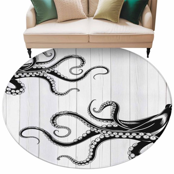 Washable Round Area Rug Black Giant Squid Circle Rugs Floor Carpet for Living Room Bedroom, Wood Grain Background Soft Non Slip Round Rug 5ft
