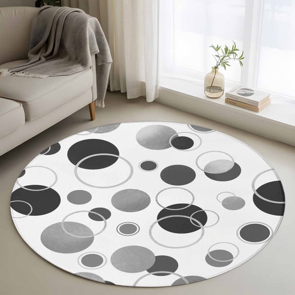 Washable Round Area Rug Black Gray Circles Circle Rugs Floor Carpet for Living Room Bedroom, Abstract Geometric Rounds Art Soft Non Slip Round Rug 3ft