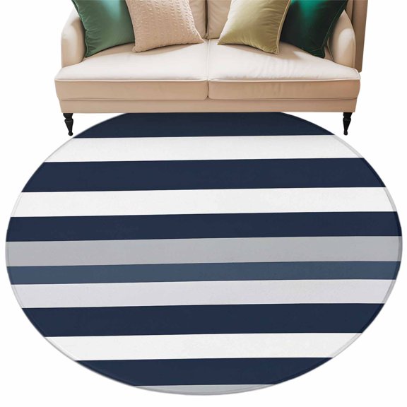 Washable Round Area Rug Black White Blue Grey Horizontal Stripes Circle Rugs Floor Carpet for Living Room Bedroom, Classic Pattern Soft Non Slip Round Rug 5ft