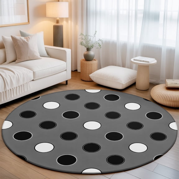 Washable Round Area Rug Black and White Polka Dots Gray Circle Rugs Floor Carpet for Living Room Bedroom, Modern Minimalist Style Soft Non Slip Round Rug 3ft