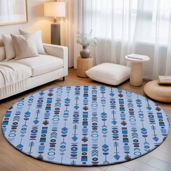 Washable Round Area Rug Blue Aztec Tribal Arrows Circle Rugs Floor Carpet for Living Room Bedroom, Southwestern Geometric Art Soft Non Slip Round Rug 3ft