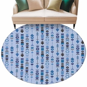 Washable Round Area Rug Blue Aztec Tribal Arrows Circle Rugs Floor Carpet for Living Room Bedroom, Southwestern Geometric Art Soft Non Slip Round Rug 5ft