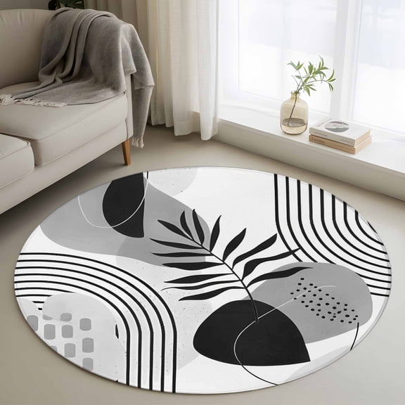 Washable Round Area Rug Bohemian Arch Abstract Geometric Circle Rugs Floor Carpet for Living Room Bedroom, Gray Tropical Palm Leaf Soft Non Slip Round Rug 3ft