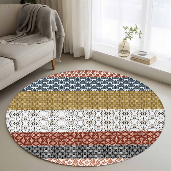 Washable Round Area Rug Bohemian Geometric Stripes Circle Rugs Floor Carpet for Living Room Bedroom, Tribe Ethnic Style Soft Non Slip Round Rug 3ft