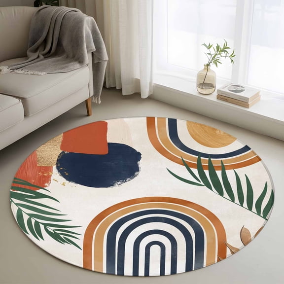 Washable Round Area Rug Boho Arch Sun Tropical Leaves Circle Rugs Floor Carpet for Living Room Bedroom, Terracotta Aesthetic Nordic Style Soft Non Slip Round Rug 3ft