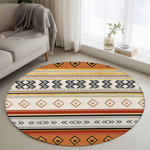Washable Round Area Rug Boho Farm Ethnic Texture Trabal Art Circle Rugs Floor Carpet for Living Room Bedroom, Geometric Stripe Line Diamond Dot Soft Non Slip Round Rug 3ft