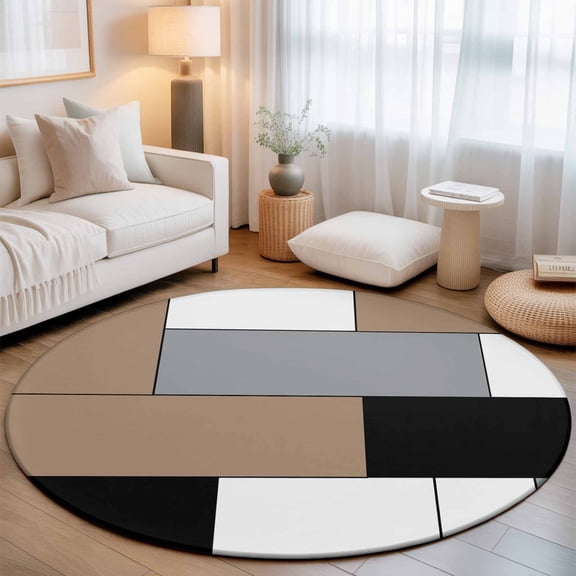 Washable Round Area Rug Brown Gray Color Block Circle Rugs Floor Carpet for Living Room Bedroom, Geometric Minimalist Style Soft Non Slip Round Rug 3ft