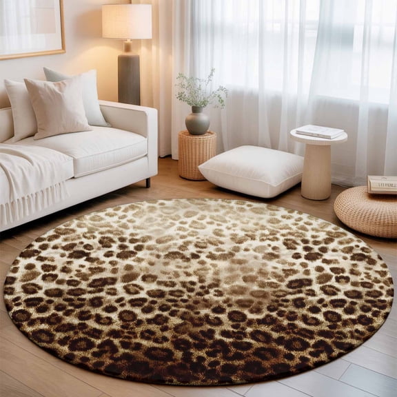 Washable Round Area Rug Brown Leopard Print Vintage Circle Rugs Floor Carpet for Living Room Bedroom, Farmhouse Gradient Texture Soft Non Slip Round Rug 3ft