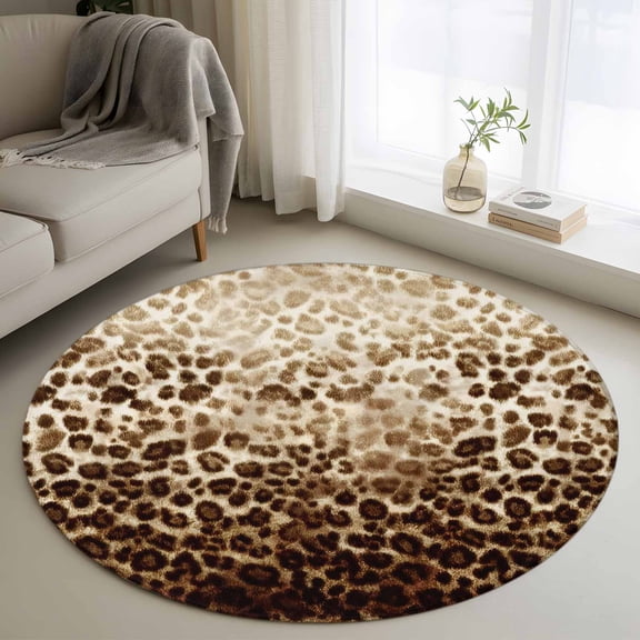 Washable Round Area Rug Brown Leopard Print Vintage Circle Rugs Floor Carpet for Living Room Bedroom, Farmhouse Gradient Texture Soft Non Slip Round Rug 4ft
